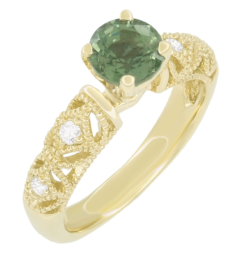 Adele Vintage Inspired Filigree Green Sapphire and Diamond Engagement Ring in 14K Yellow Gold - Item: R1190Y2GS - Image: 3