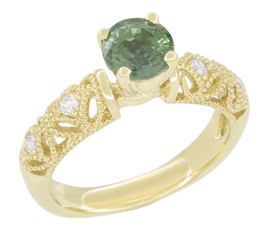 Adele Vintage Inspired Filigree Green Sapphire and Diamond Engagement Ring in 14K Yellow Gold - alternate view