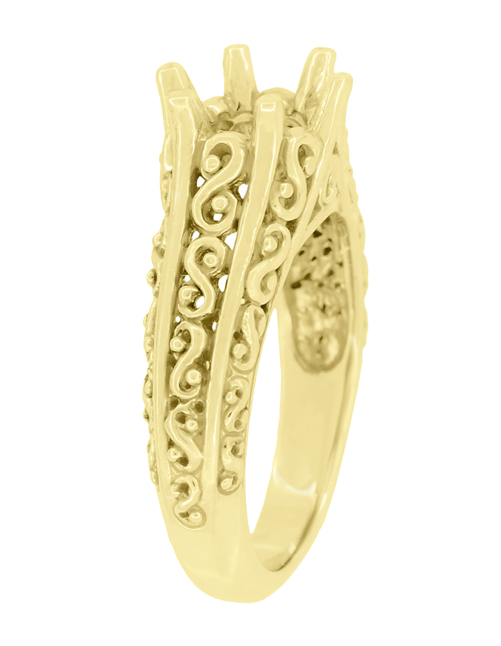 Flowing Scrolls Edwardian 14K Yellow Gold Filigree Antique Style Engagement Ring Mounting for a 1.25 - 2.00 Carat Diamond - Item: R1196Y125 - Image: 3