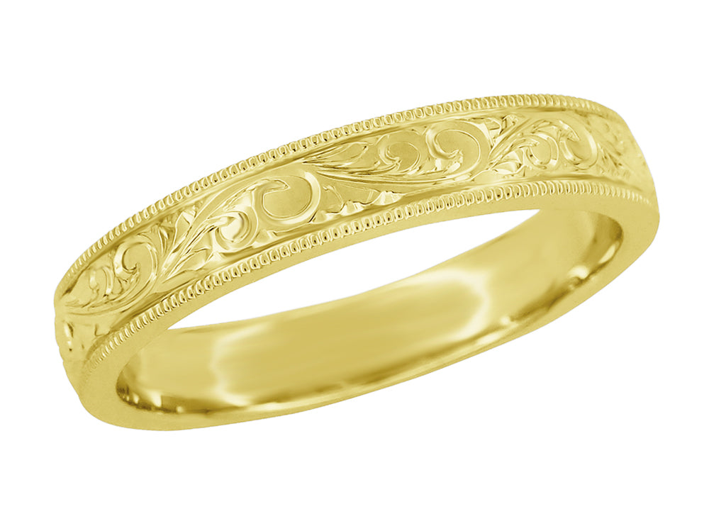 Yellow Gold 4mm Wide Vintage Carved Acanthus Victorian Wedding Band for a Man