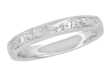 Platinum Victorian Wedding Band with Acanthus Scroll Carving - Lumenesque Engraved Pattern - R1235P