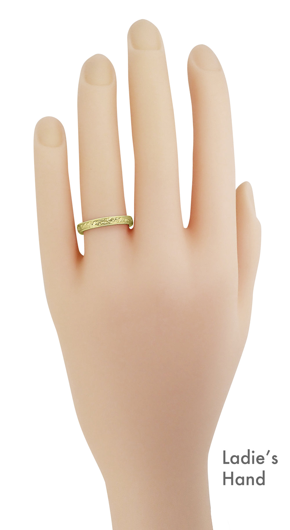 R1235Y on a Ladies Hand - Victorian Yellow Gold Acanthus Scrolls Carved Antique Wedding Band