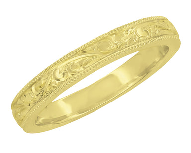 Yellow Gold Acanthus Scrolls Victorian Carved Antique Wedding Band 3mm Wide Unisex - R1235Y