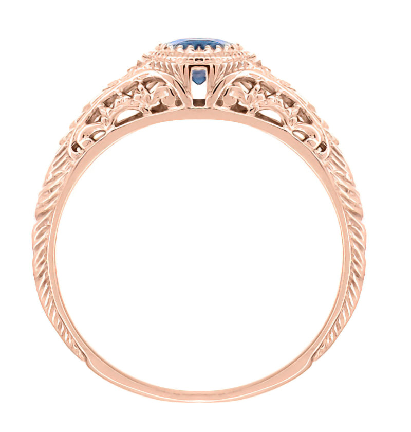 14 Karat Rose Gold Art Deco Filigree Lab Created Alexandrite Engagement Ring With Side Diamonds - Item: R138RAL - Image: 3