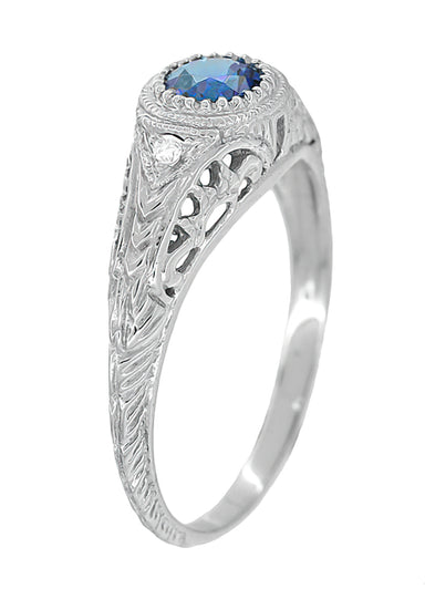 Art Deco Filigree Lab Created Alexandrite Engagement Ring in 14 Karat White Gold With Side Diamonds - alternate view