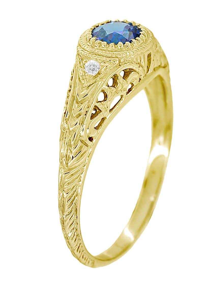 Art Deco Yellow Gold Low Dome Filigree Alexandrite Engagement Ring with Side Diamonds - Item: R138YAL - Image: 2