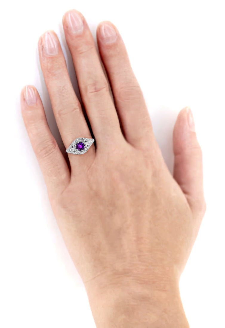 Edwardian Filigree Scroll Dome Antique Style Platinum Amethyst Engagement Ring with Side Diamonds - Item: R139PAM - Image: 3