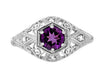 Edwardian Filigree Scroll Dome Antique Style Platinum Amethyst Engagement Ring with Side Diamonds