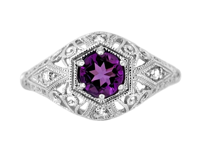 Edwardian Filigree Scroll Dome Antique Style Platinum Amethyst Engagement Ring with Side Diamonds - Item: R139PAM - Image: 2