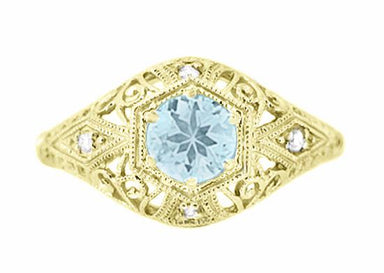 Edwardian Aquamarine and Diamonds Scroll Dome Filigree Engagement Ring in 14 Karat Yellow Gold - alternate view