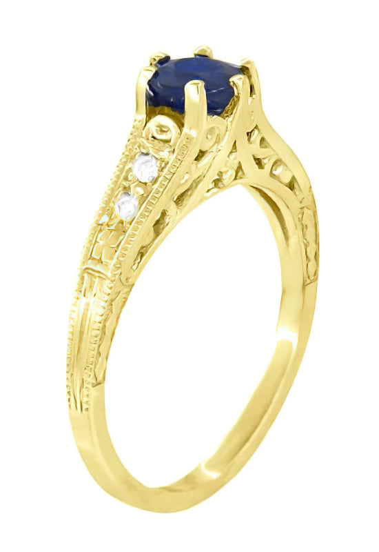 Sapphire and Diamond Art Deco Filigree Engagement Ring in 14 Karat Yellow Gold - Item: R158Y - Image: 3