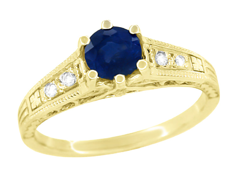 Sapphire and Diamond Art Deco Filigree Engagement Ring in 14 Karat Yellow Gold - Item: R158Y - Image: 2