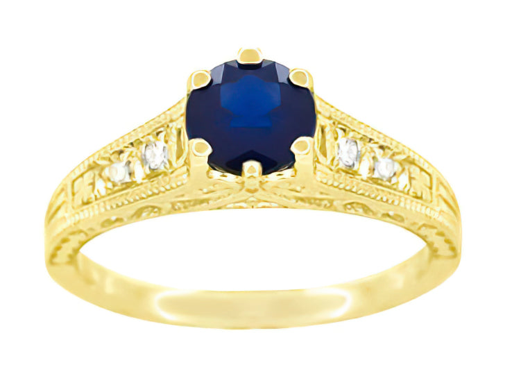 Sapphire and Diamond Art Deco Filigree Engagement Ring in 14 Karat Yellow Gold - Item: R158Y - Image: 5
