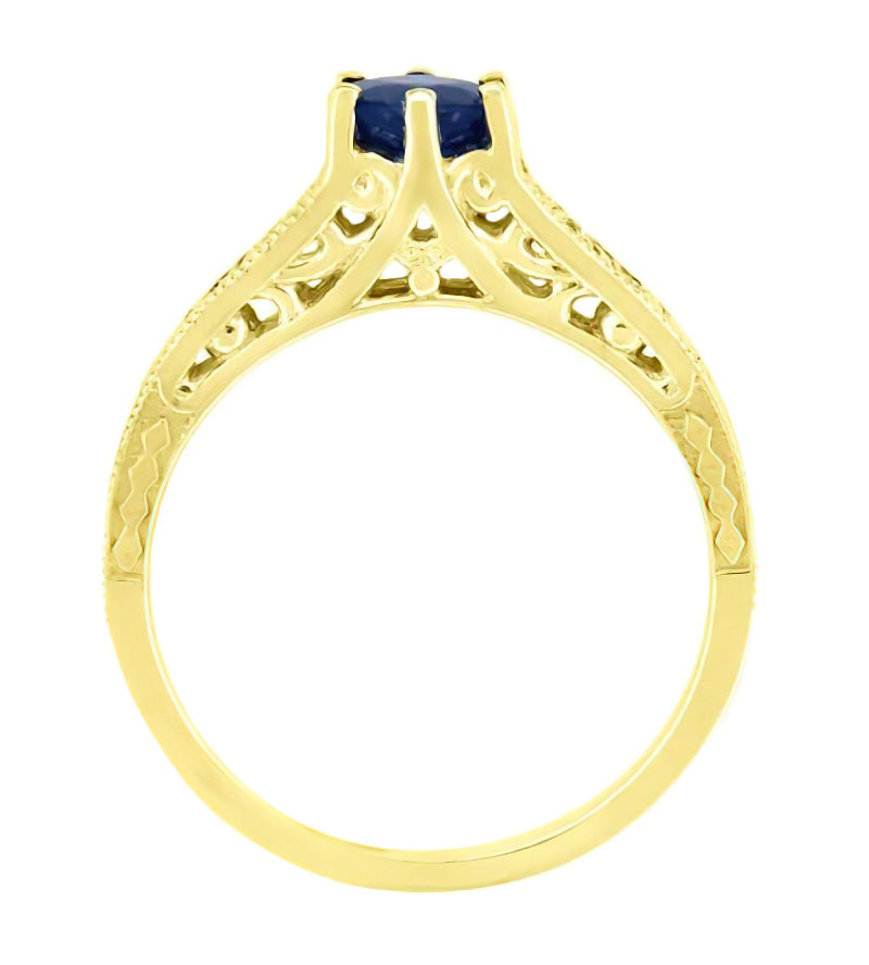 Sapphire and Diamond Art Deco Filigree Engagement Ring in 14 Karat Yellow Gold - Item: R158Y - Image: 4