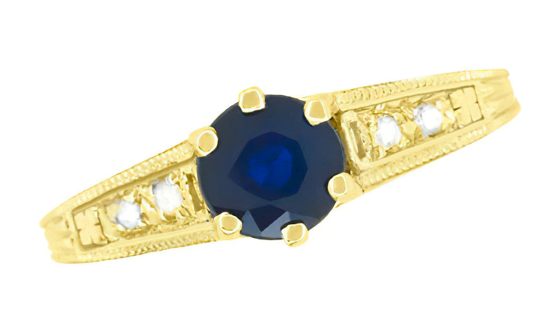 Sapphire and Diamond Art Deco Filigree Engagement Ring in 14 Karat Yellow Gold - Item: R158Y - Image: 6