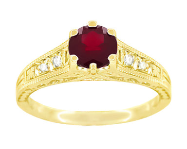 Art Deco Yellow Gold Vintage Reissue Filigree Ruby Engagement Ring with Side Diamonds - alternate view
