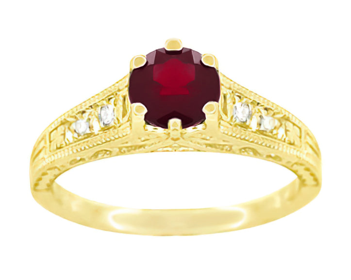Art Deco Yellow Gold Vintage Reissue Filigree Ruby Engagement Ring with Side Diamonds - Item: R191Y - Image: 2