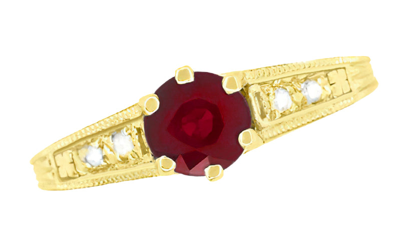 Art Deco Yellow Gold Vintage Reissue Filigree Ruby Engagement Ring with Side Diamonds - Item: R191Y - Image: 5