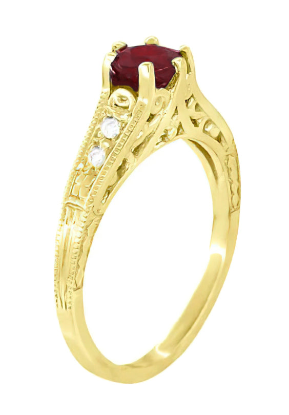 Art Deco Yellow Gold Vintage Reissue Filigree Ruby Engagement Ring with Side Diamonds - Item: R191Y - Image: 3