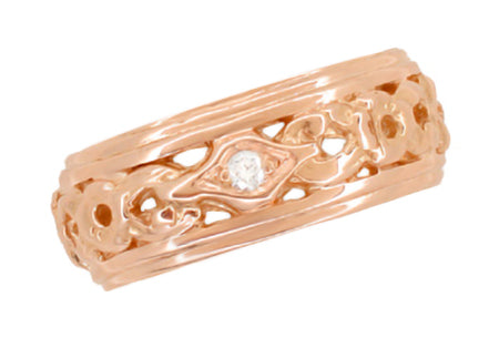 Garlend Art Deco Filigree Wide Diamond Wedding Band in 14 Karat Rose ( Pink ) Gold - Item: R196R - Image: 2