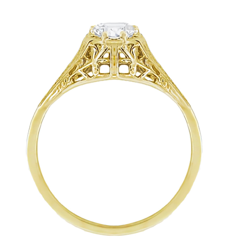 Side Lilies on Low Profile 14K Yellow Gold Antique  1/4 Carat Diamond Engagement Ring - Cleire - R204Y25