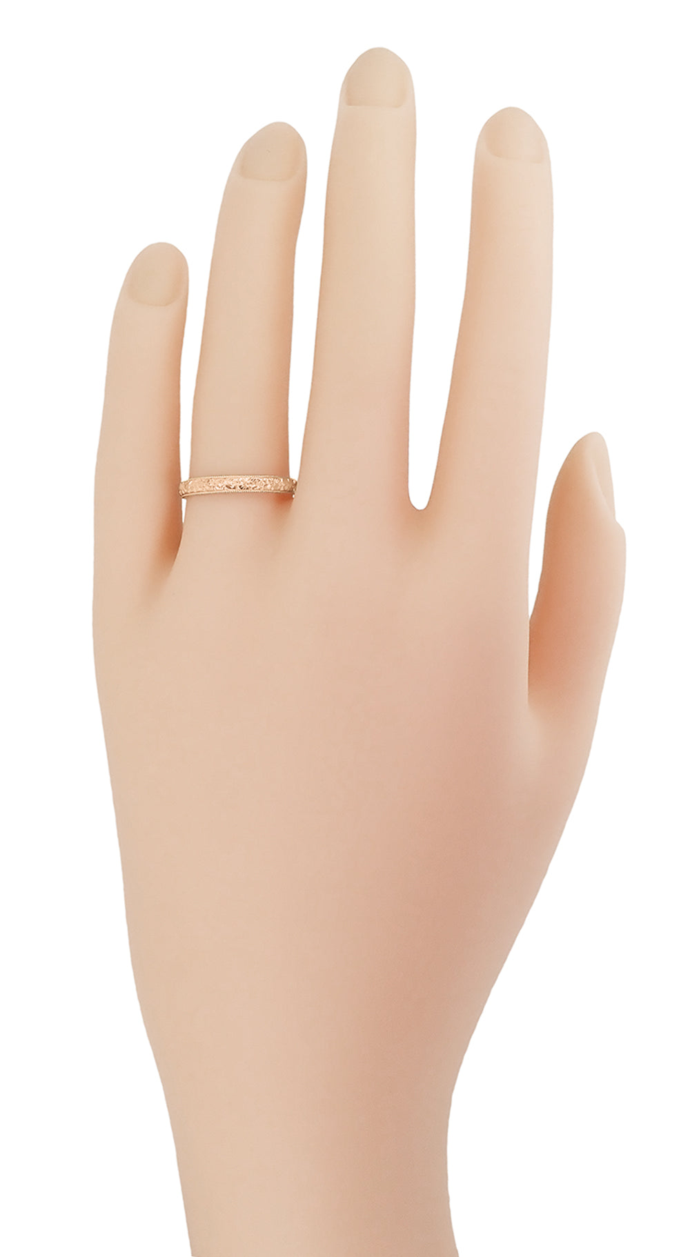 R209R Rose Gold Vintage Wedding Band on a Womans Hand (Pink Gold)