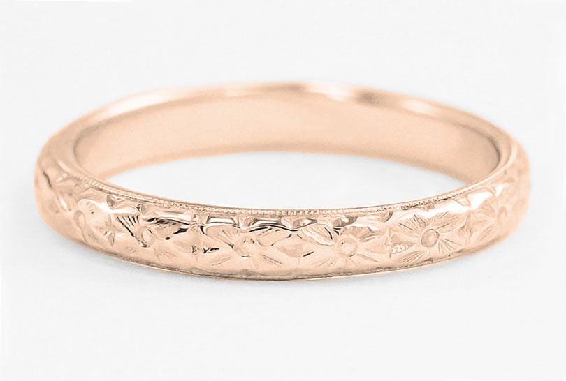 Rose Gold Hand Engraved Pansy Flowers Antique Wedding Ring 3mm wifh Domed Profile - R209R