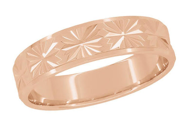 Low Profile Rose Gold Carved Stars Vintage Wedding Band from the 1960s