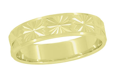 5mm Wide Low Profile Yellow Gold Vintage Eternity Engraved Starbursts Wedding Ring Circa 1960s
