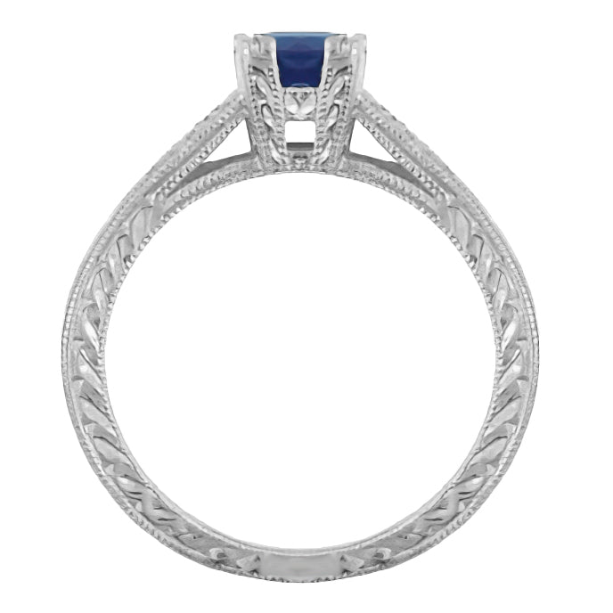 Art Deco Sapphire and Diamonds Engraved Engagement Ring in 18 Karat White Gold - Item: R283W - Image: 3