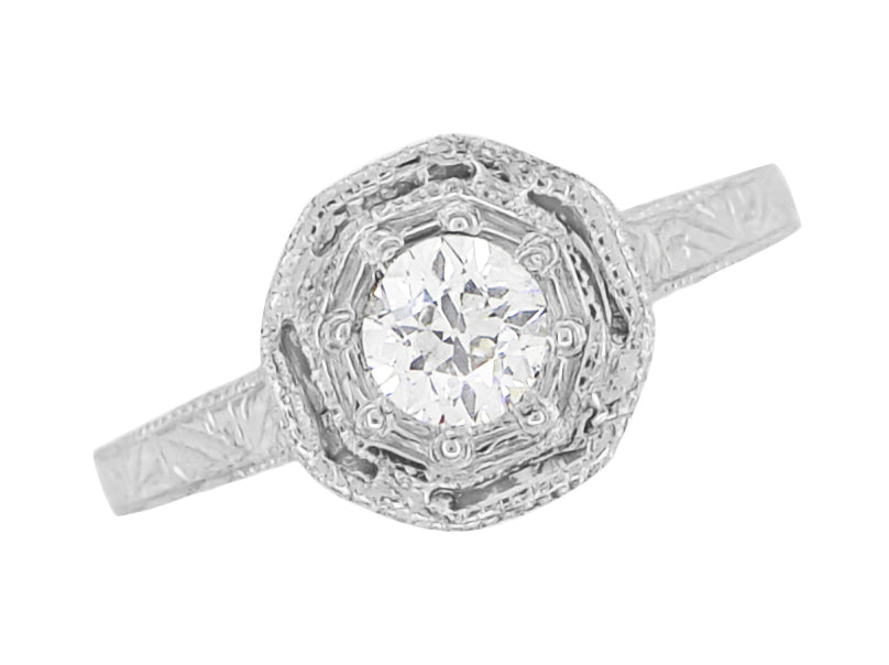 Aden Art Deco Engraved Platinum Old European Cut Diamond Engagement Ring - Item: R284 - Image: 5