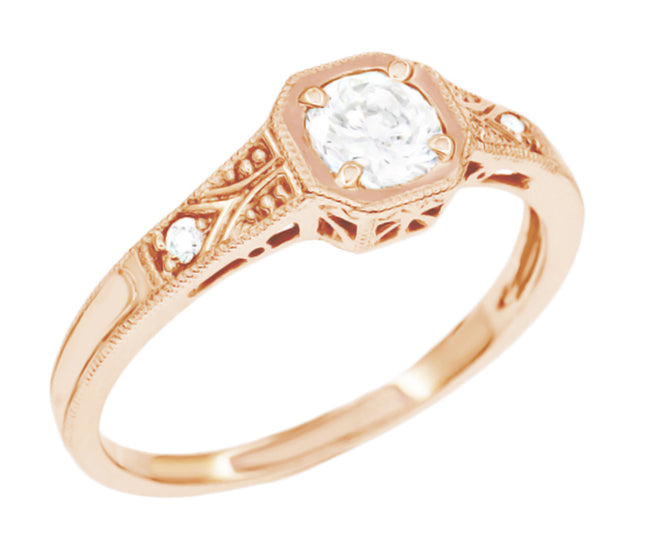 Low Profile Rose Gold 1930s Vintage Art Deco Filigree White Sapphire Engagement Ring