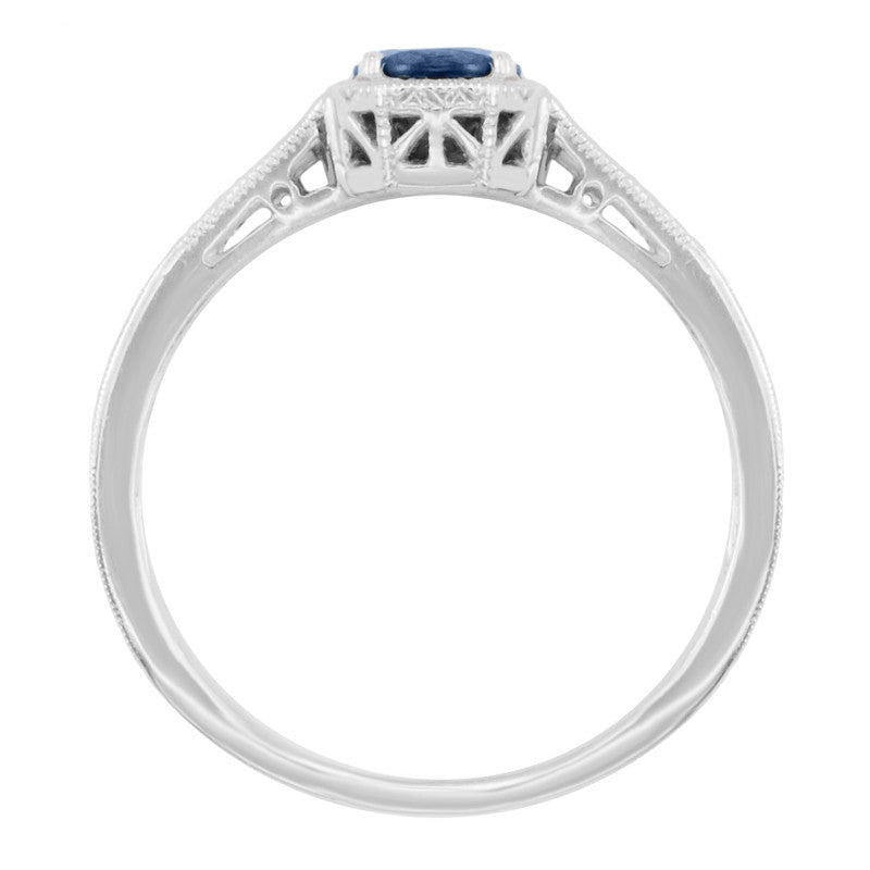 Art Deco Filigree Blue Sapphire and Diamond Engagement Ring in White Gold - Item: R298W14S - Image: 2