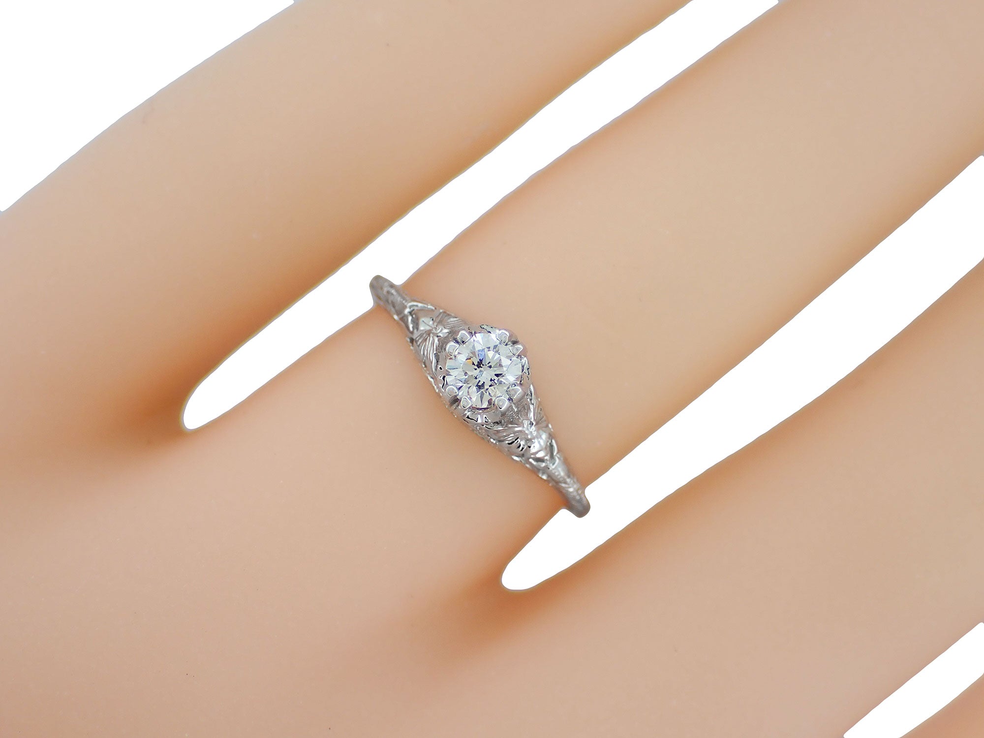 Art Deco Filigree Flowers and Wheat Engraved 1/4 Carat Diamond Engagement Ring in Platinum - Item: R356P - Image: 3