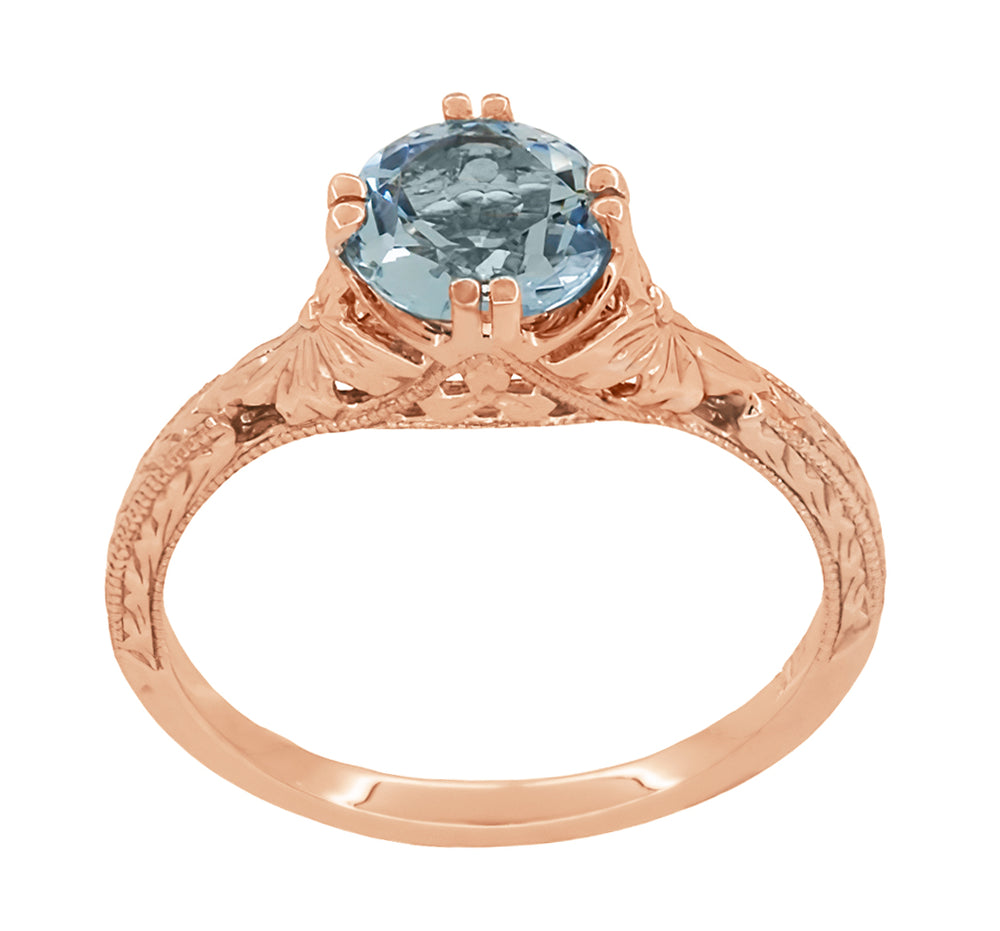 14K Rose Gold Art Deco Filigree Flowers and Wheat Engraved Solitaire Aquamarine Engagement Ring - Item: R356R75A - Image: 2