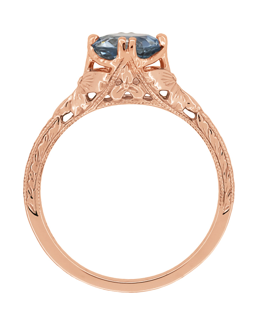 14K Rose Gold Art Deco Filigree Flowers and Wheat Engraved Solitaire Aquamarine Engagement Ring - Item: R356R75A - Image: 3
