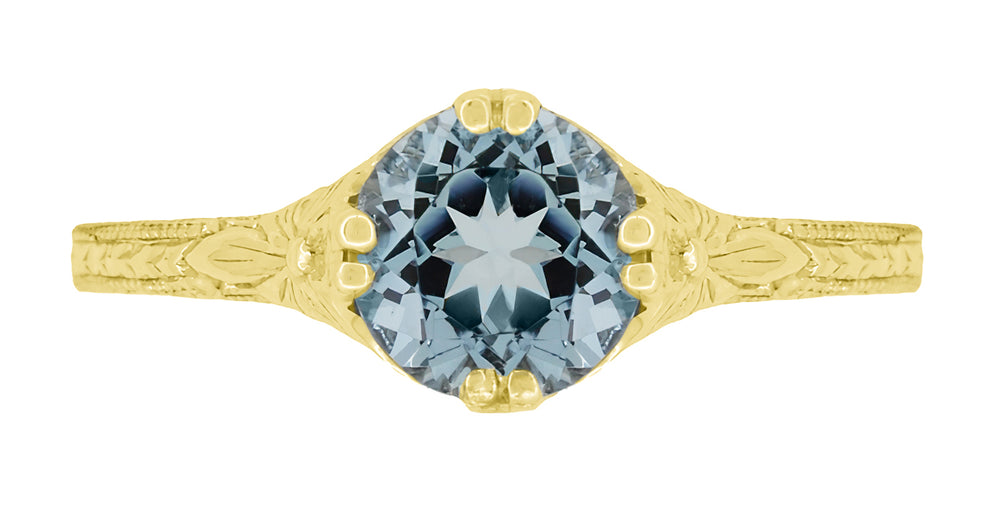 Art Deco Yellow Gold Filigree Flowers & Wheat Engraved Aquamarine Solitaire Engagement Ring - Item: R356Y75A - Image: 2