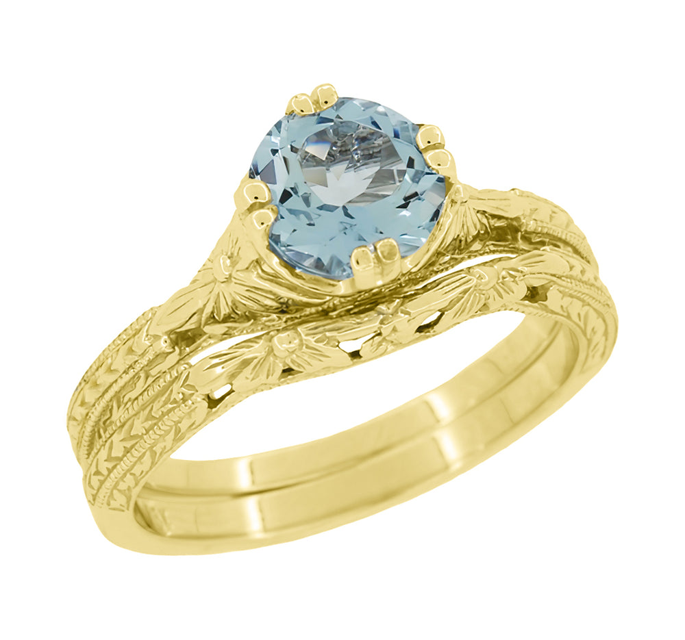 Art Deco Yellow Gold Filigree Flowers & Wheat Engraved Aquamarine Solitaire Engagement Ring - Item: R356Y75A - Image: 5