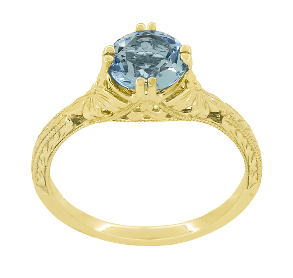 Art Deco Yellow Gold Filigree Flowers & Wheat Engraved Aquamarine Solitaire Engagement Ring - Item: R356Y75A - Image: 3