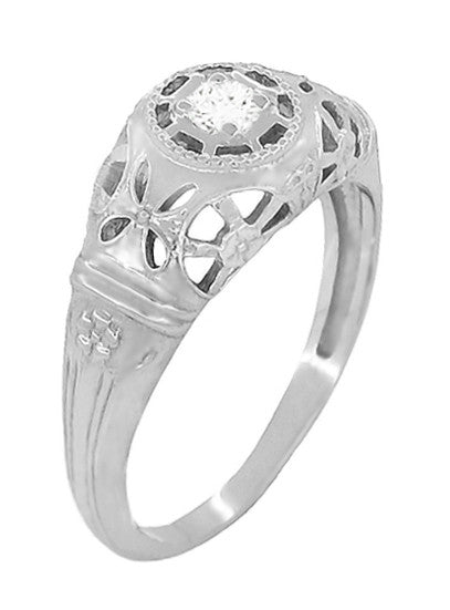 Platinum Art Deco Floral Dome Filigree Diamond Engagement Ring - Item: R428P-LC - Image: 2