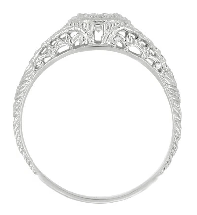 Art Deco Vintage Engraved Filigree Diamond Engagement Ring with Emerald Side Stones in 14 Karat White Gold - Item: R464E - Image: 2