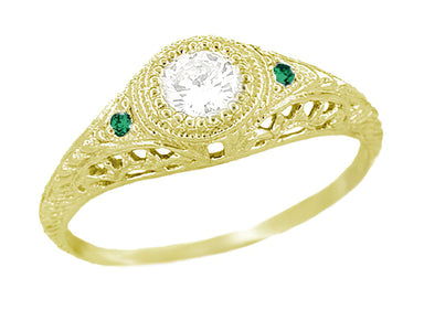 Art Deco 1920's Heirloom Filigree Diamond and Side Emerald Engagement Ring in Yellow Gold