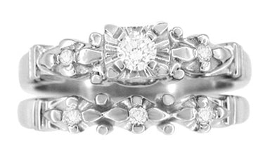 Retro Moderne Starburst Galaxy White Sapphire Engagement Ring and Wedding Ring Set in 14K White Gold - alternate view