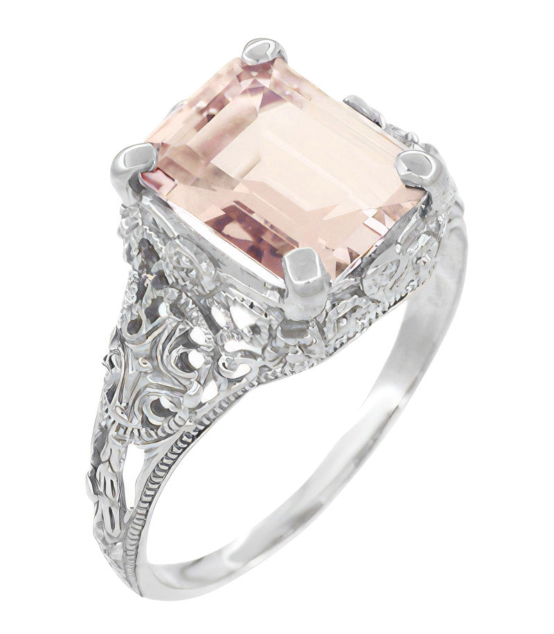 Edwardian Filigree Emerald Cut Morganite Engagement Ring in 14 Karat White Gold - Item: R618M - Image: 2