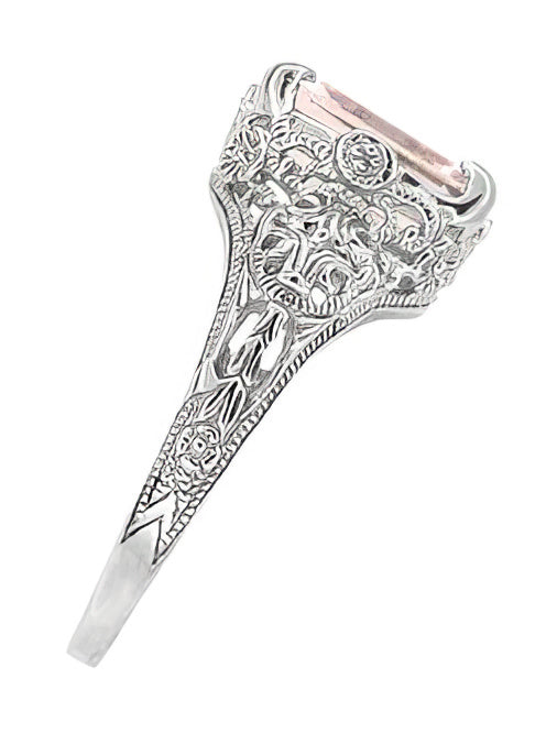 Edwardian Filigree Emerald Cut Morganite Engagement Ring in 14 Karat White Gold - Item: R618M - Image: 3
