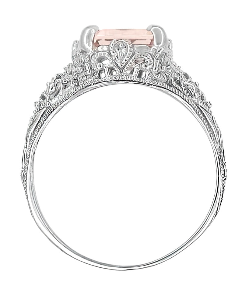 Edwardian Filigree Emerald Cut Morganite Engagement Ring in 14 Karat White Gold - Item: R618M - Image: 4