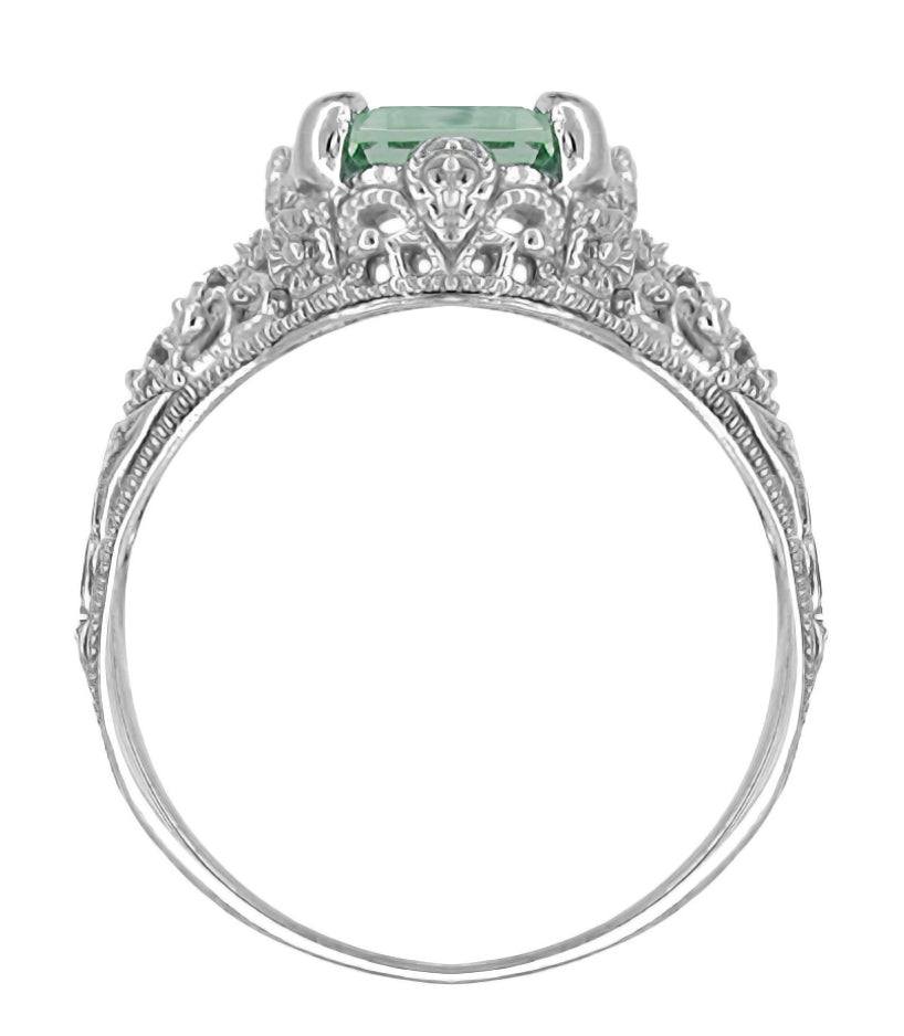 Platinum Edwardian Filigree Emerald Cut Prasiolite Ring ( Green Amethyst ) - Item: R618PGA - Image: 4