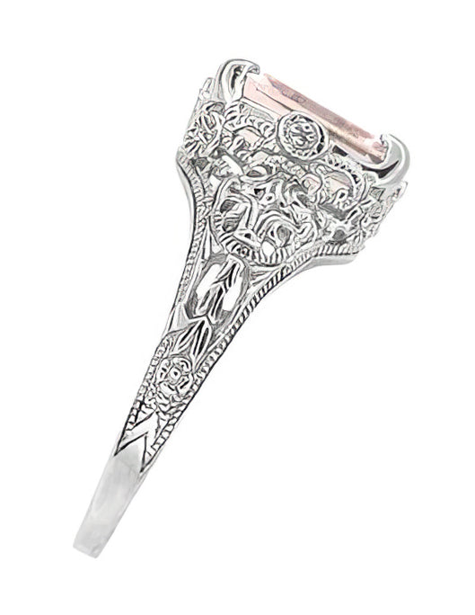 Edwardian Filigree 3 Carat Emerald Cut Morganite Engagement Ring in Platinum - Item: R618PM - Image: 3