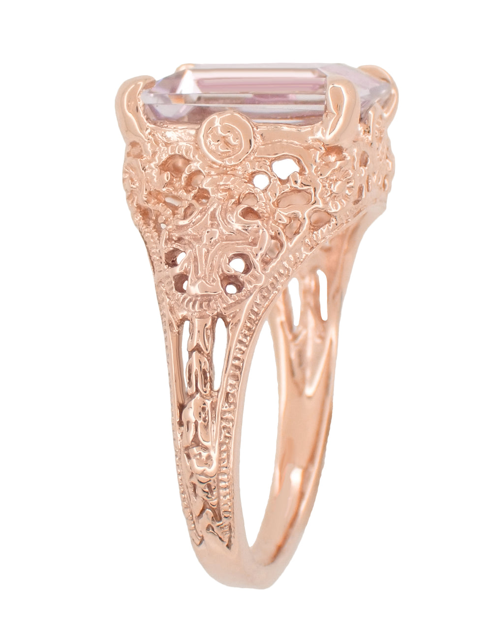 14 Karat Rose Gold Edwardian Filigree Emerald Cut Rose de France Ring - Item: R618RRDF - Image: 2