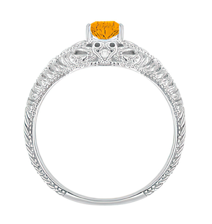Art Deco Hearts Engraved Filigree Citrine Engagement Ring with Side Diamonds in 14 Karat White Gold - Item: R627WC - Image: 3